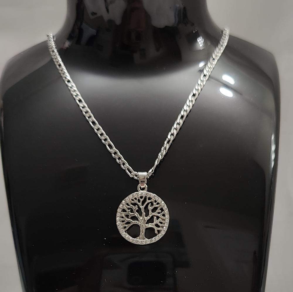 Figaro Chain & Tree of Life Charm - Stainless Steel & Silver Plated